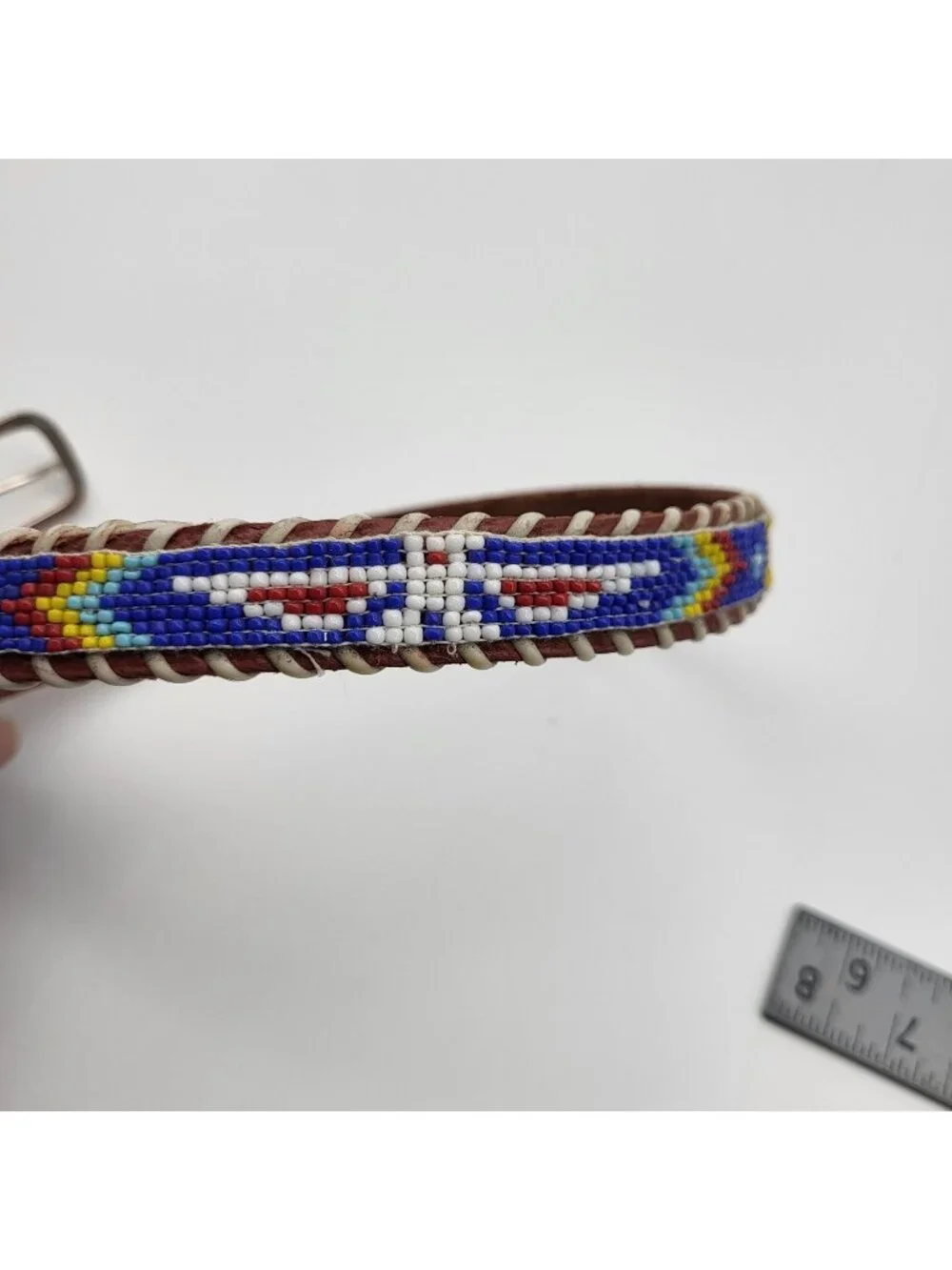 Kids Vintage Thunderbird Beaded Leather Belt sz 18 Thin Southwest Rodeo Childs